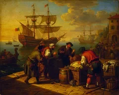 A painting of a harbour at dusk from the game